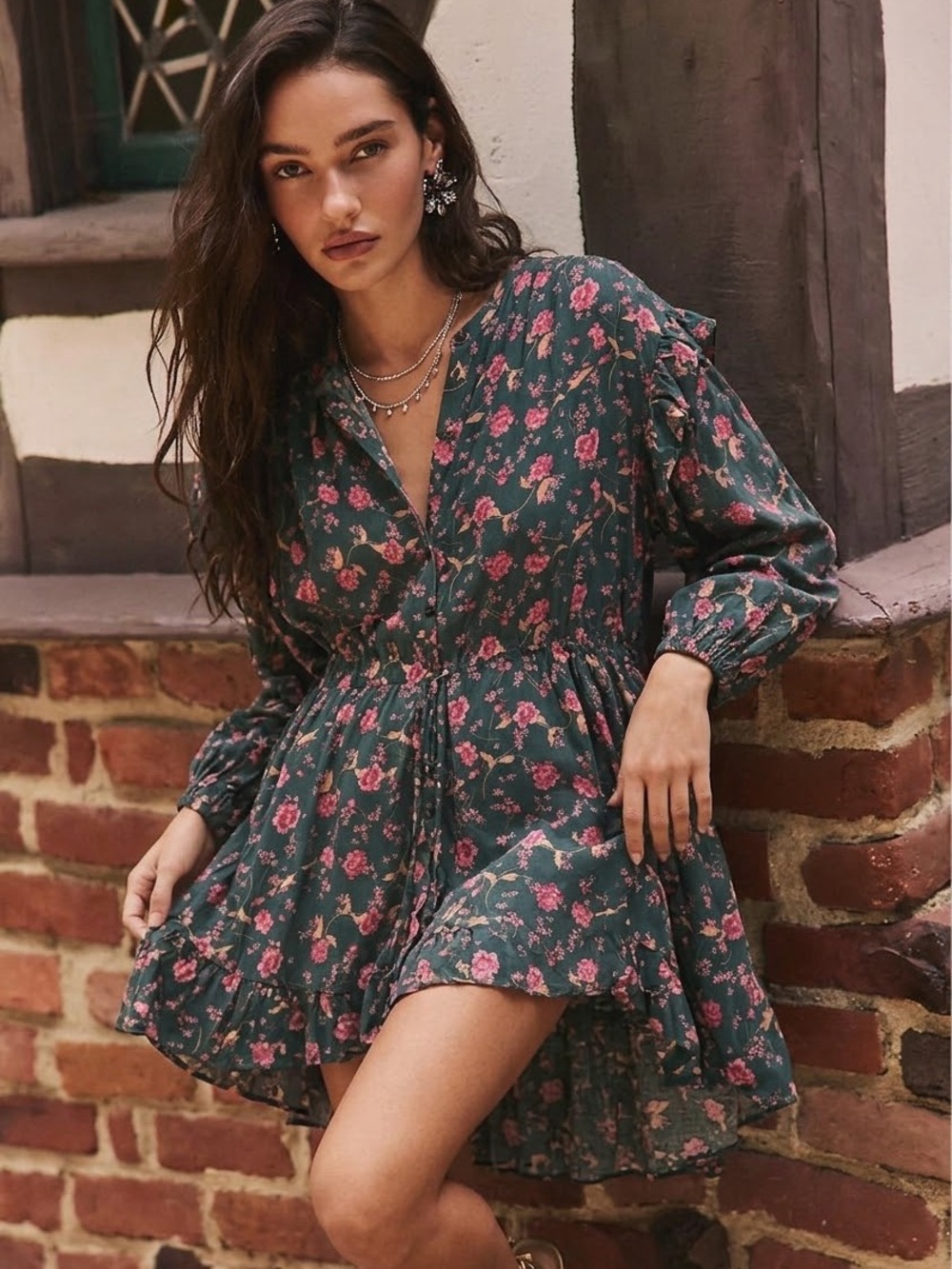 Free People Flower Fields Mini Dress Dark Green Floral Tie Waist Small